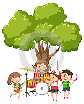 Children playing music under the tree