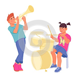 Children playing Musical Instruments, flat vector illustration isolated.