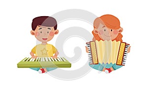 Children playing musical instruments set. Cirl and boy playing synthesizer and accordion cartoon vector illustration