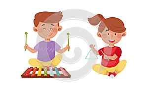 Children playing musical instruments set. Cirl and boy playing xylophone and triangle cartoon vector illustration photo