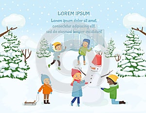 Children playing outside on the background of snowy city