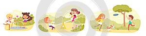 Children playing in park or playground set. Happy kids doing outdoor summer activities vector illustration. Boy and girl