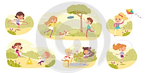 Children playing in park or playground set. Happy kids doing outdoor summer activities vector illustration. Child with