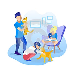 Children Playing with Pets Cartoon Illustration