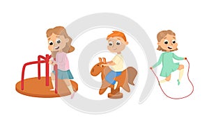Children Playing on Playground in City Park with Carousel and Skipping Rope Vector Illustration Set