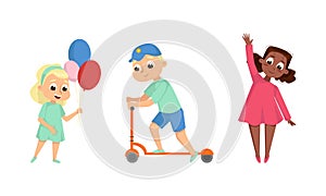 Children Playing on Playground in City Park Riding Kick Scooter and Holding Balloons Vector Illustration Set