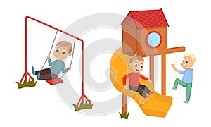 Children Playing on Playground in City Park with Swings and Slide Vector Illustration Set