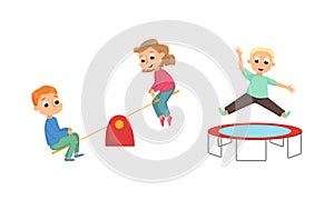 Children Playing on Playground in City Park with Trampoline and Seesaw Vector Illustration Set