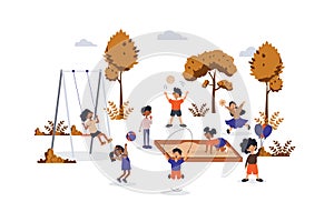 Children playing on playground concept with character scene for web. Boys and girls play in sandbox, swing, jumping rope. People