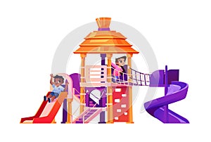 Children playing at playground sliding down vector