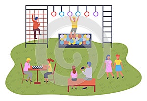 Children playing playground vector illustration. Kids on the summer play-field play in city park