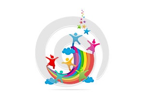 Children playing on the rainbow imagination vector logo design