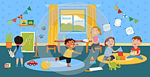 Children playing in room. Kids activity in kindergarten. Preschool boys and girls play toys and draw