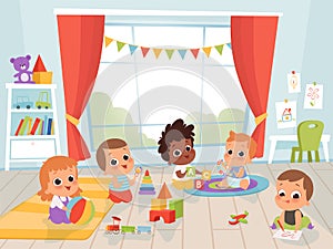 Children playing room. Little new born or 1 years baby with toys indoors vector kids characters