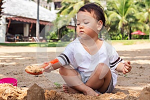 Children playing sand on beach. Happiness moment on summer vacation.