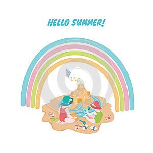 Children playing with sand at the beach under the rainbow. Cute summer illustration for placement print, invitation