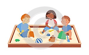 Children playing in the sandbox. Vector illustration. Summer activities. Kids have fun outside. Funny character