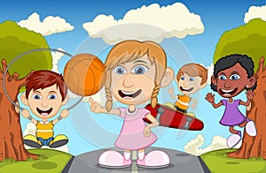 Children playing skateboard, basketball, jumping rope in the park cartoon vector illustration