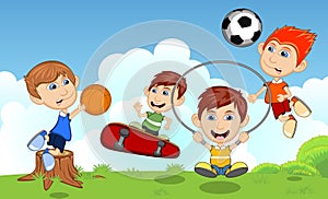 Children playing skateboard, basketball, jumping rope, soccer in the park cartoon vector illustration