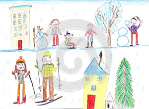 Children playing, skiing and sledding. Make a snowman. Drawing k