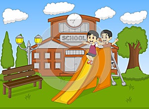 Children playing slide on the school cartoon vector illustration