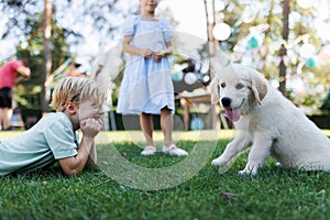 Children playing with a small puppy at family garden party. Portrait of little boy lying on grass looking at Golden