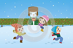 Children playing Snowball fight illustration