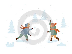 Children playing snowball fights isolated vector illustration