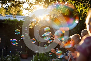 Children playing with soap bubbles wands outdoor