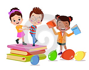 children playing on a stack of books