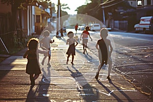 Children playing in the street in the 1960s and 1970s. Chalk drawn games on the road. Neighborhood games