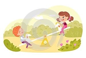 Children playing on swing in park, playground or backyard. Happy kids doing outdoor summer activities vector