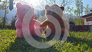 Children playing with teddy bear in a park. Body parts of Kids seems playing with toys. Children often express emotions and