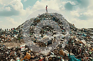children playing on top of the hill made up of trash photo