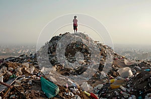 children playing on top of the hill made up of trash photo