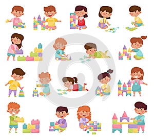 Children Playing Toy Blocks and Jigsaw Puzzle on the Floor Big Vector Set