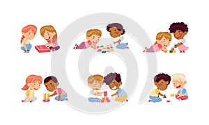 Children Playing Toy Blocks and Jigsaw Puzzle Sitting on the Floor in Nursery Vector Set