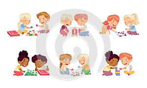 Children Playing Toy Blocks and Jigsaw Puzzle Sitting on the Floor in Nursery Vector Set