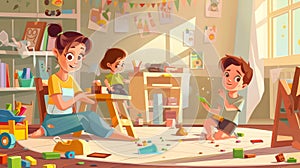 Children playing toy indoors in a messy kid's room cartoon modern. Preschooler with untidy nursery and mother. Baby