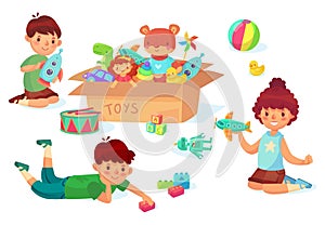 Children playing with toys. Boy holding rocket in hands, guy with bricks. Girl playing with airplane