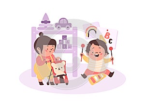 Children playing toys in playroom or nursery, flat vector illustration isolated.