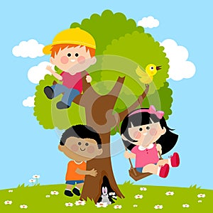 Children playing on a tree. Vector illustration