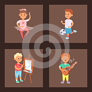 Children playing vector different types of home games little kids play summer outdoor active leisure childhood activity.