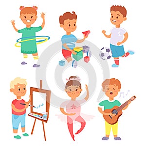 Children playing vector different types of home games little kids play summer outdoor active leisure childhood activity.