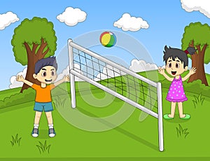 Children playing volleyball at the park cartoon vector illustration