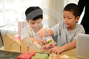Children playing with wooden toys, toys, education, white background, wooden concept.