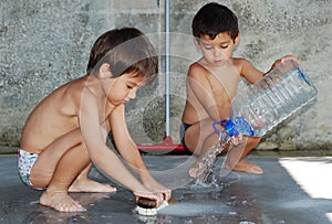 Children playing and working
