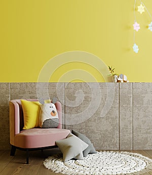 Children playroom with yellow wall and kids armchair, children room interior mock up with soft toys and pillows, 3d rendering