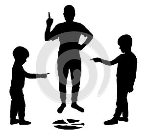 Children point fingers at each other. Children lie to their parents. Broken plate. Angry parent showing thumb. Silhouette vector