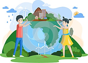 Children point to planet with buildings and alternative energy sources. Green ecosystem on Earth